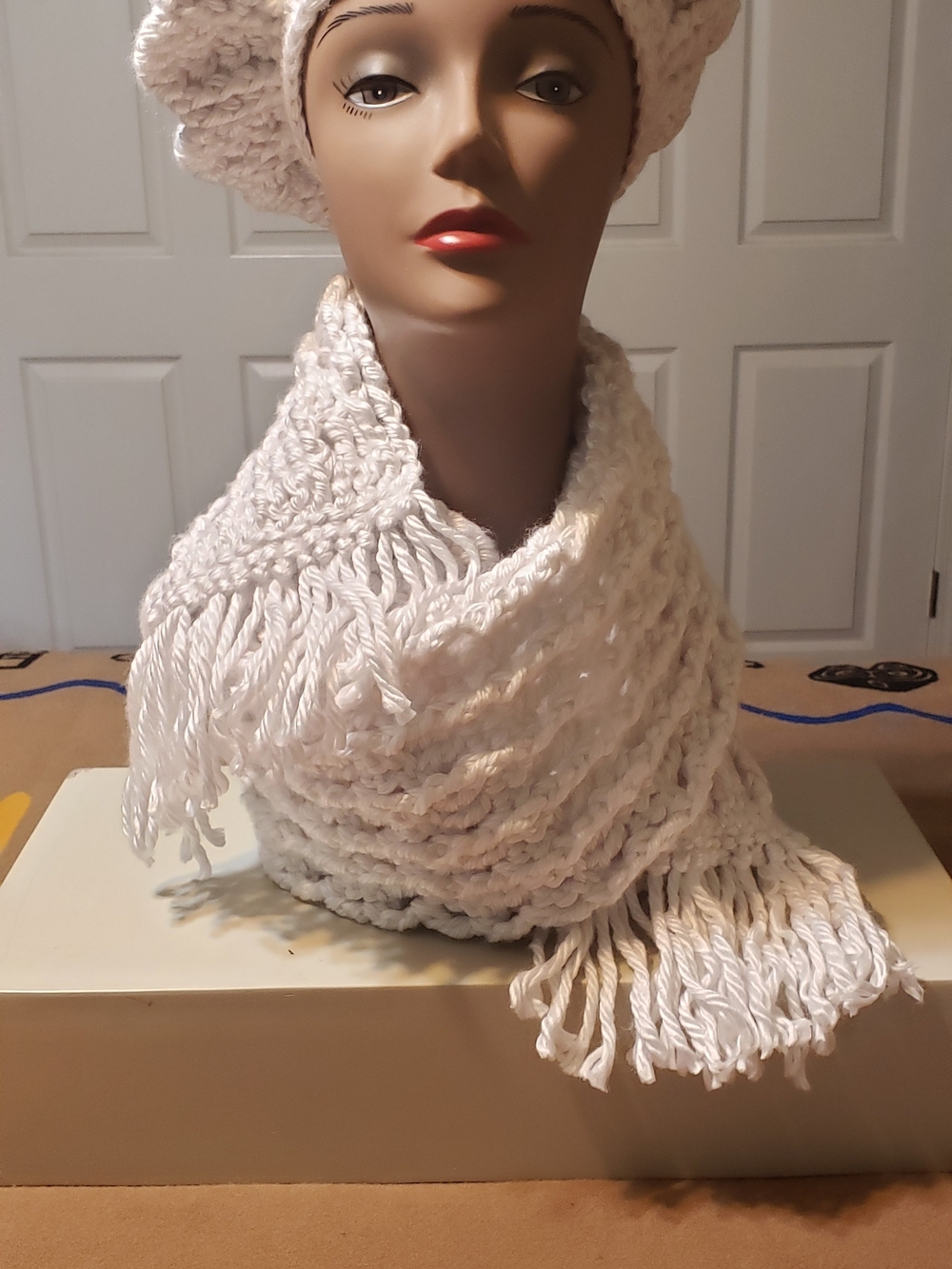 Hand Crafted Cream Knit Beret with Matching Fringe Scarf - Picture 4 of 8